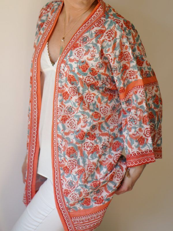 kimono coral kimono algodón en coral y turquesa