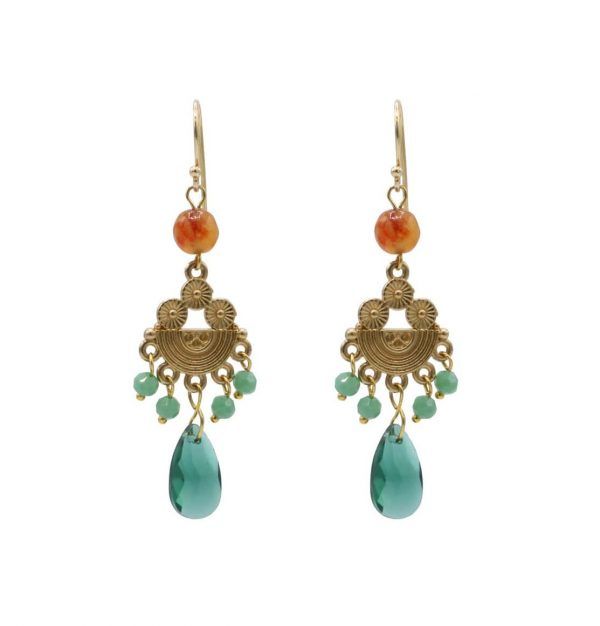 pendientes joya con chandelier y lágrima de cristal verde teal