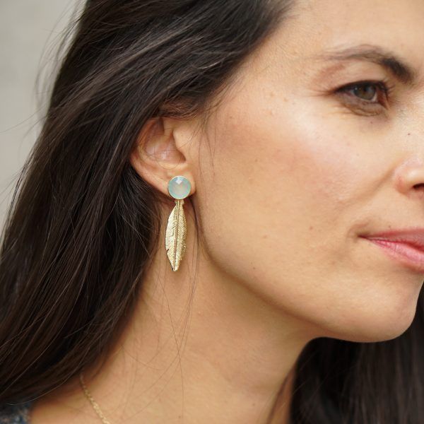 pendientes pluma oro y calcedonita aqua