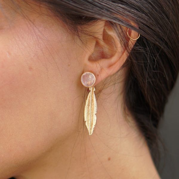 pendientes dos piezas oro y cuarzo rosa