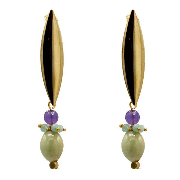 pendientes largos con ágatas, amazonitas y perla india verde