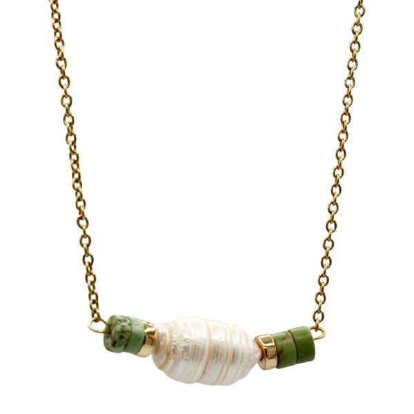 gargantilla con perla de río y piedra de howlite en verde turquesa