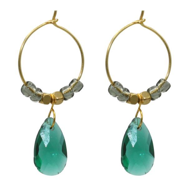 pendientes de aro en plata y baño de oro con cristal verde mar