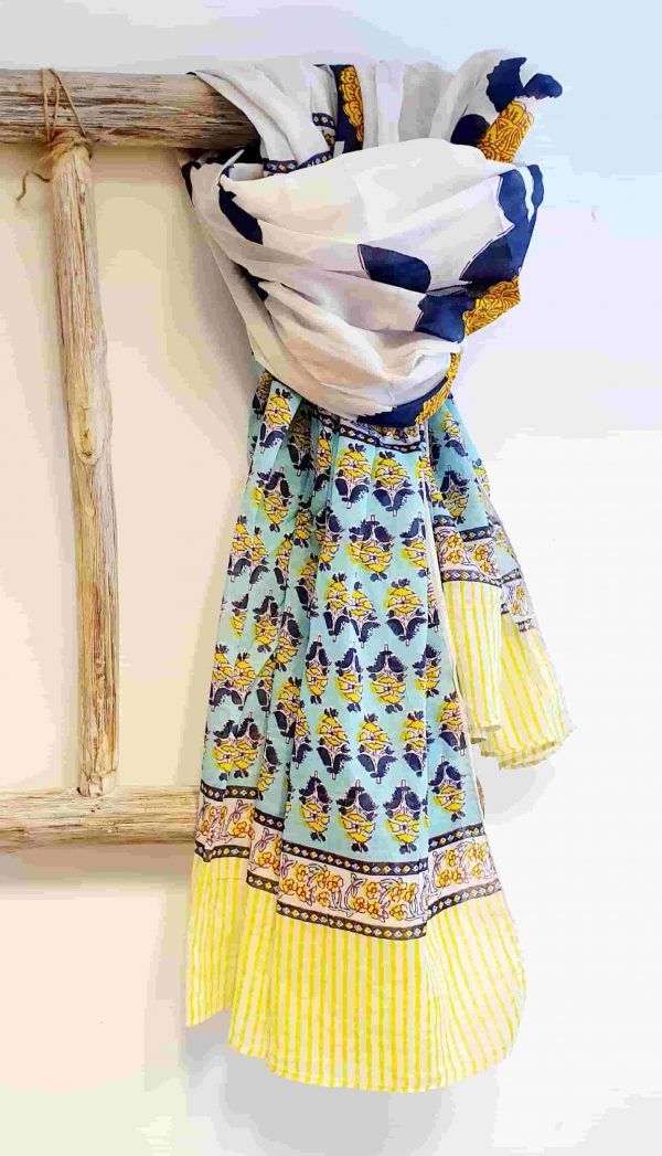 foulard algodón estampado floral amarillo, turquesa y marino