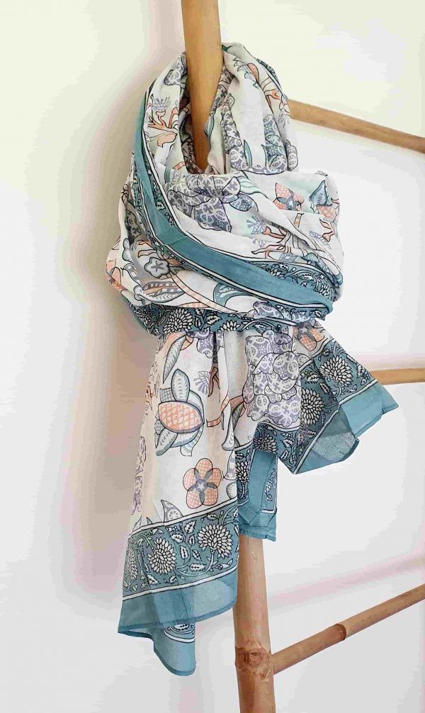foulard algodón flores en verde agua, lila y coral