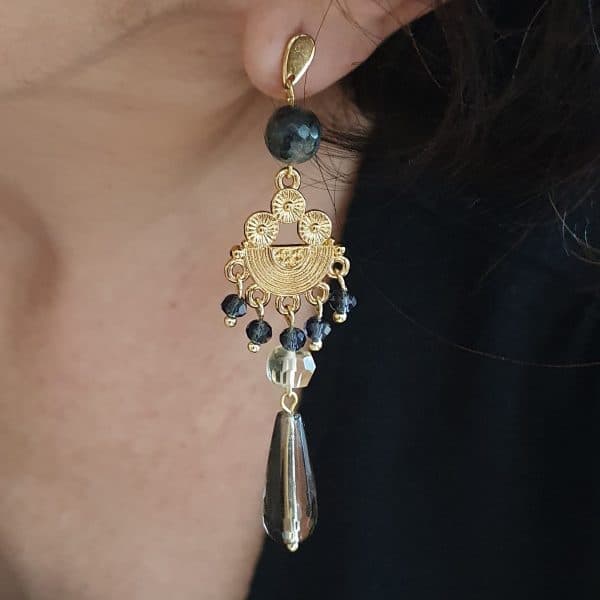Pendientes de fiesta Ruth con lágrima de cuarzo ahumado