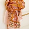 fular verano algodón estampado floral ros y naranja
