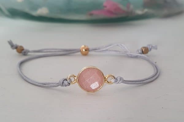 pulsera de morganita y cordón gris perla