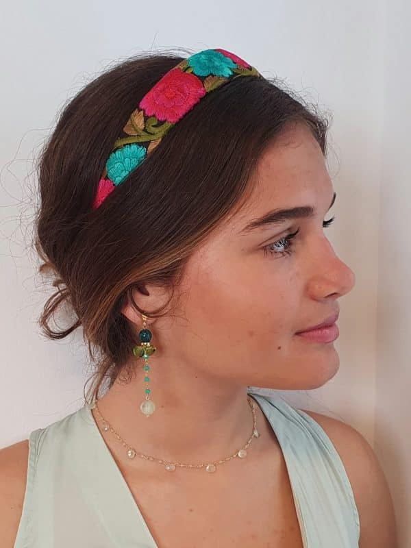 diadema fiesta bordada en fucsia y turquesa