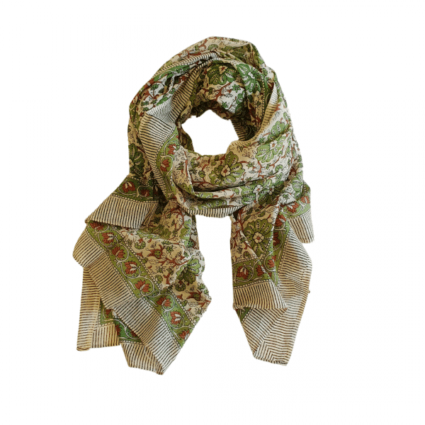 fular algodón estampado floral verde sobre fondo beige