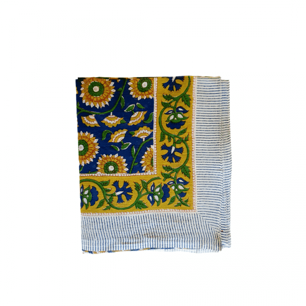 fular algodón estampado floral en ocre y verde sobre fondo azul