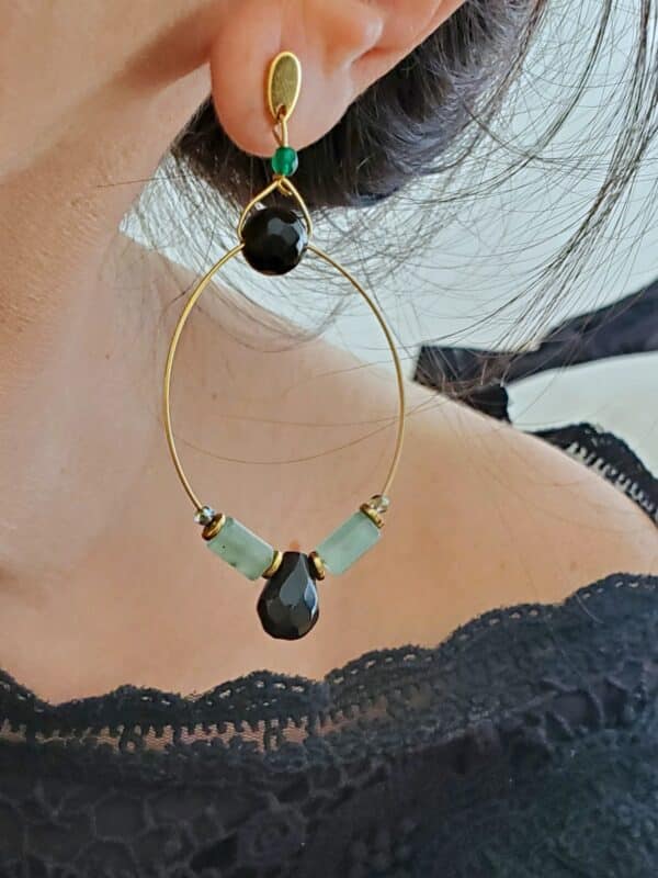 pendientes art deco en onyx negro y cuarzo verde