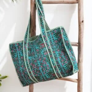 bolso de algodón en verde esmeralda y flores fucsias