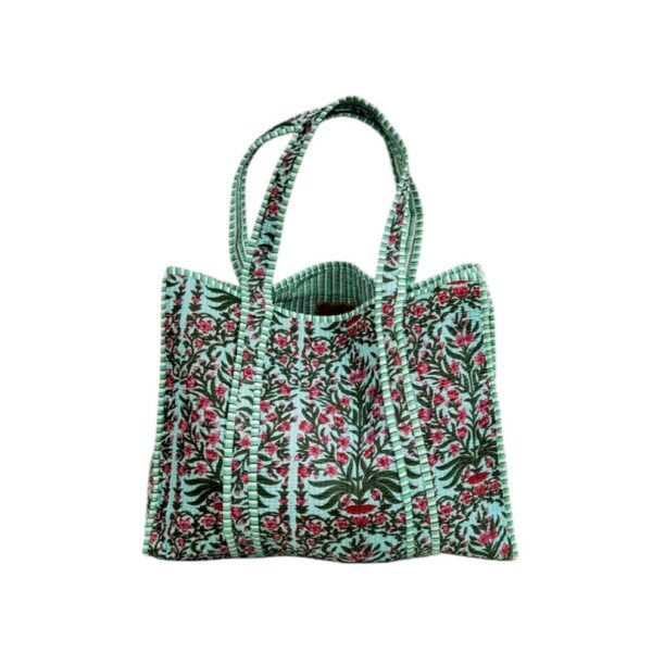 bolso algodón estampado floral verde agua y rosa