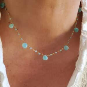 gargantilla de amazonitas y cadena chapada en oro
