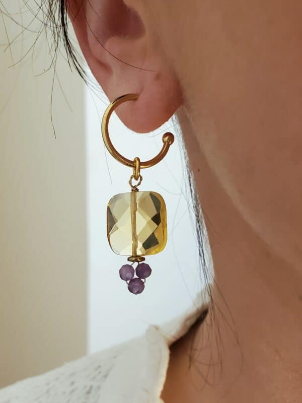 pendientes de aro con amatistas y cristal champagne