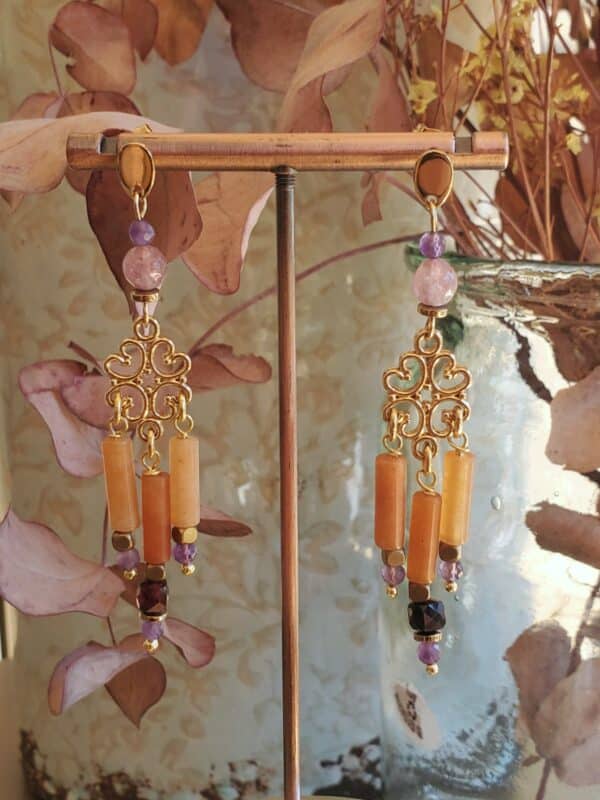 pendientes de fiesta en granate, naranja, rosa y morado