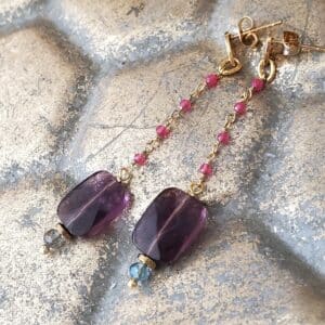 pendientes largos fiesta fluoritas y turmalinas rosas