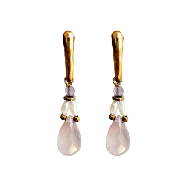 pendientes de cuarzo rosa, amatistas y perlas