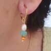 pendientes lottie de cristal turquesa, perla cultivada y cristal naranja