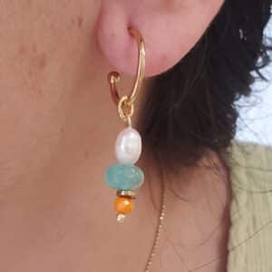 pendientes lottie de cristal turquesa, perla cultivada y cristal naranja