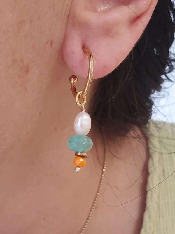 pendientes lottie de cristal turquesa, perla cultivada y cristal naranja